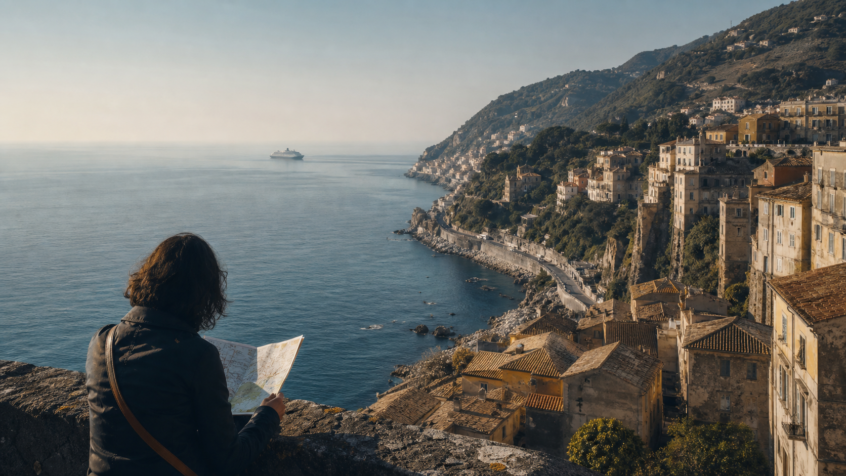 Traveller with a map overlooking a coastline in the morning